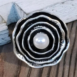 Abstract Art Avant Garde Silver Plate White Faux Pearl Adjustable Cocktail Ring